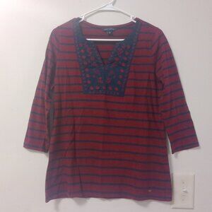 Tommy Hilfiger Womens Top Small Embroidered 3/4 Length Sleeve Maroon Blue V Neck
